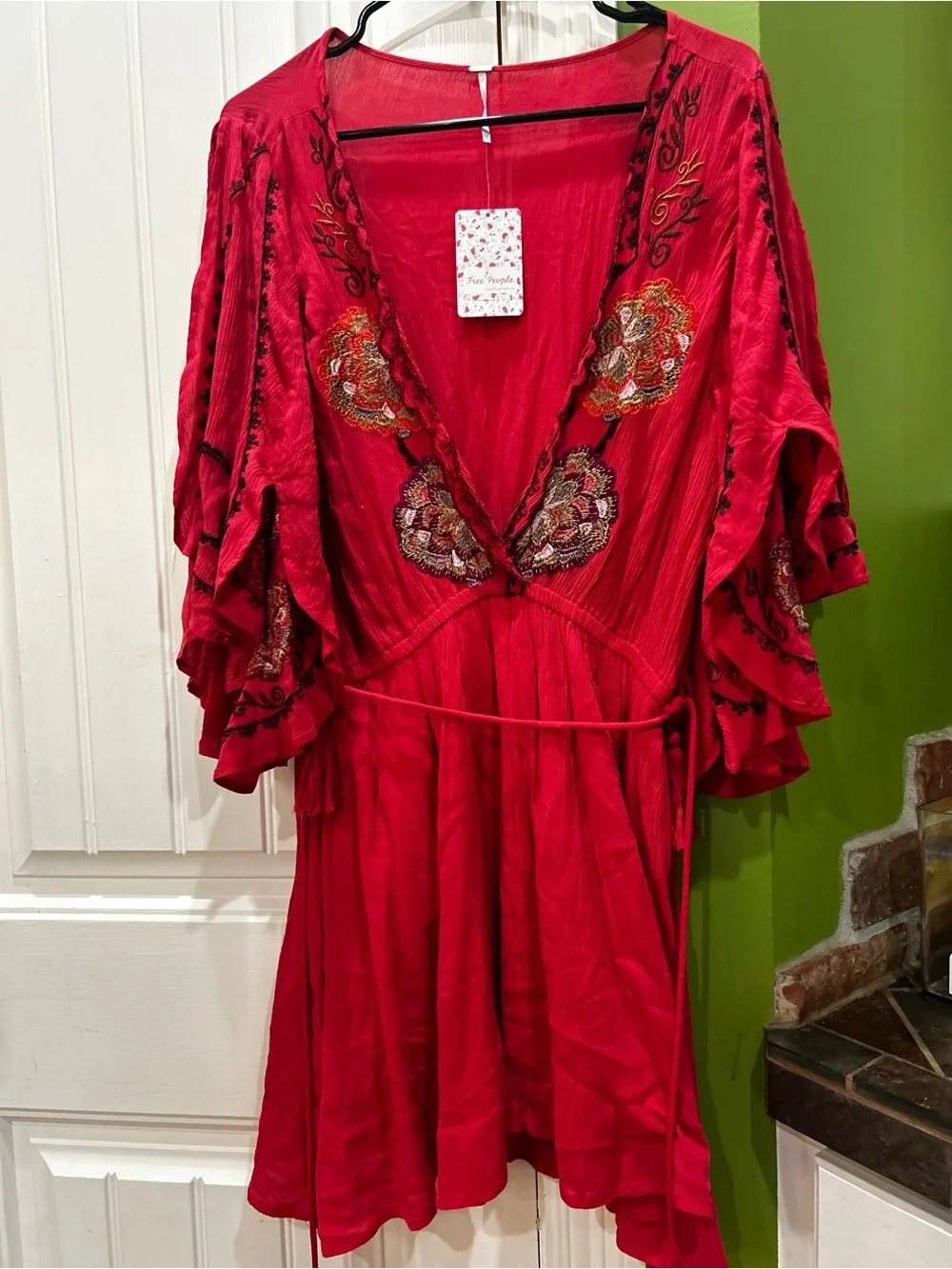 Free People Red Embroidered Tassel Tie Mini Dress